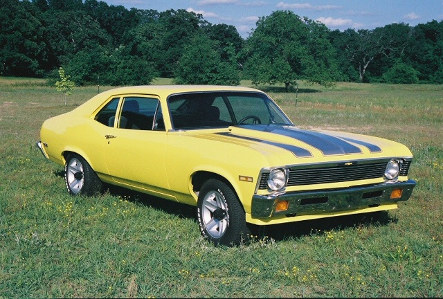 1971 Chevy Nova, yellow with silver stripes