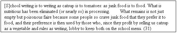 Text Box: [S]chool writing is to writing as catsup is to tomatoes: as junk food is to food. What is nutritious has been eliminated (or nearly so) in processing.        What remains is not just empty but poisonous faire because some people so crave junk food that they prefer it to food, and their preference is then used by those who, since they profit by selling us catsup as a vegetable and rules as writing, lobby to keep both on the school menu. (31)
 

